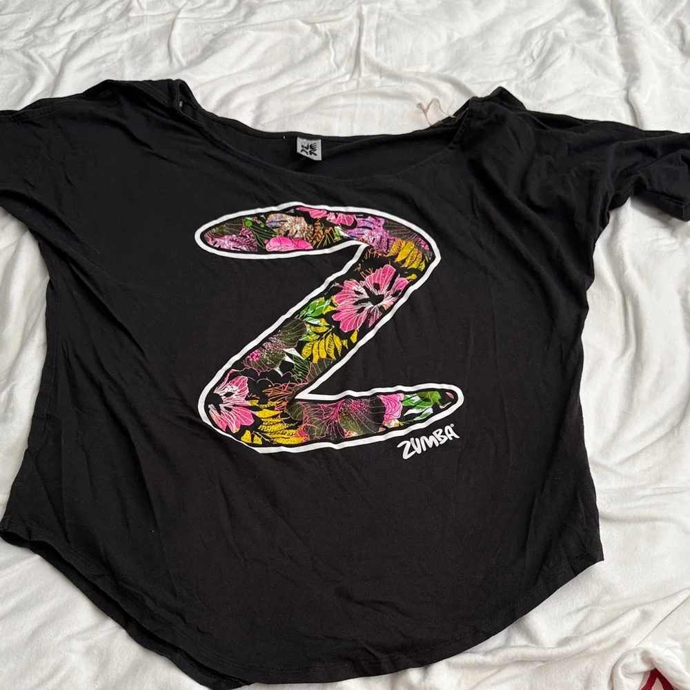 Zumba Fitness Black Short Sleeve Top with Floral 'Z' Graphic - Picture 1 of 5